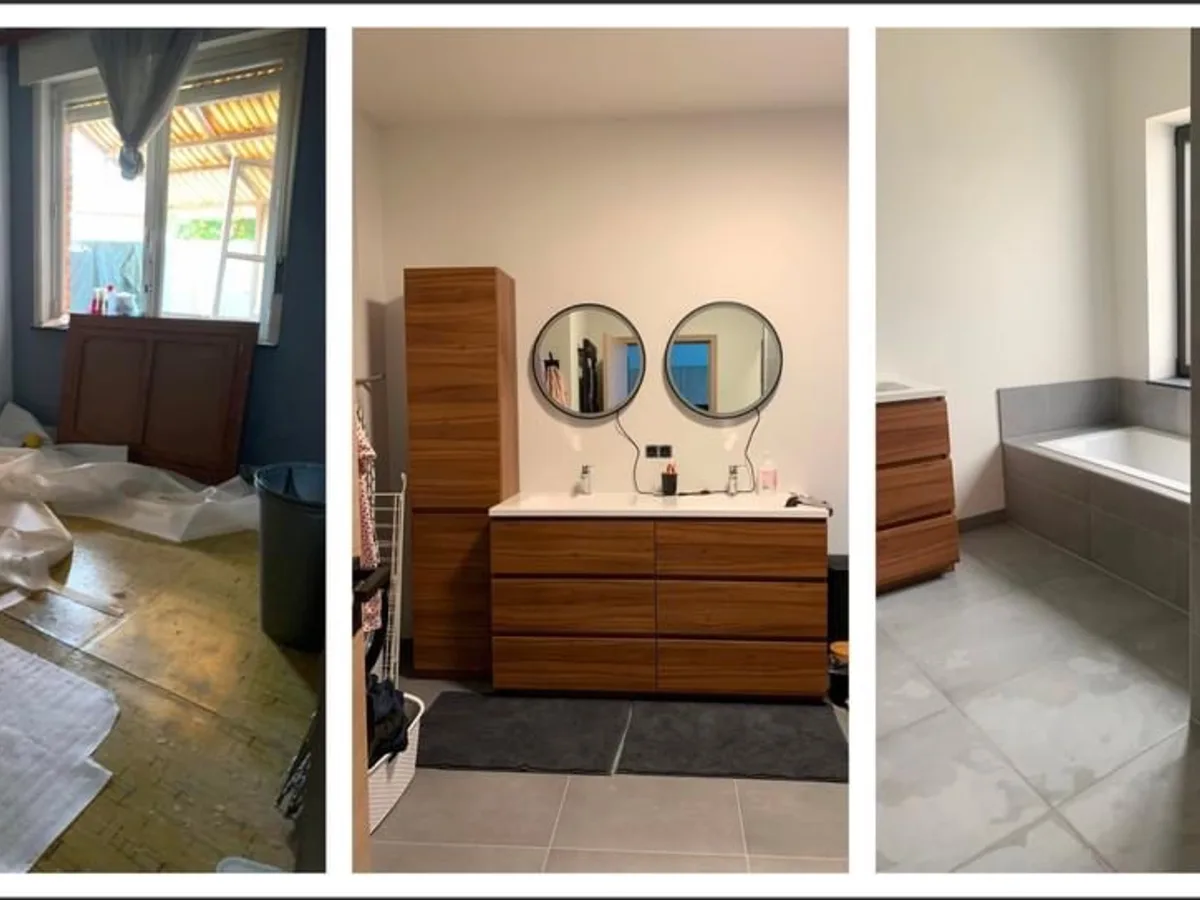 Een afgewerkte badkamer met tegelwerk op vloer en wand
